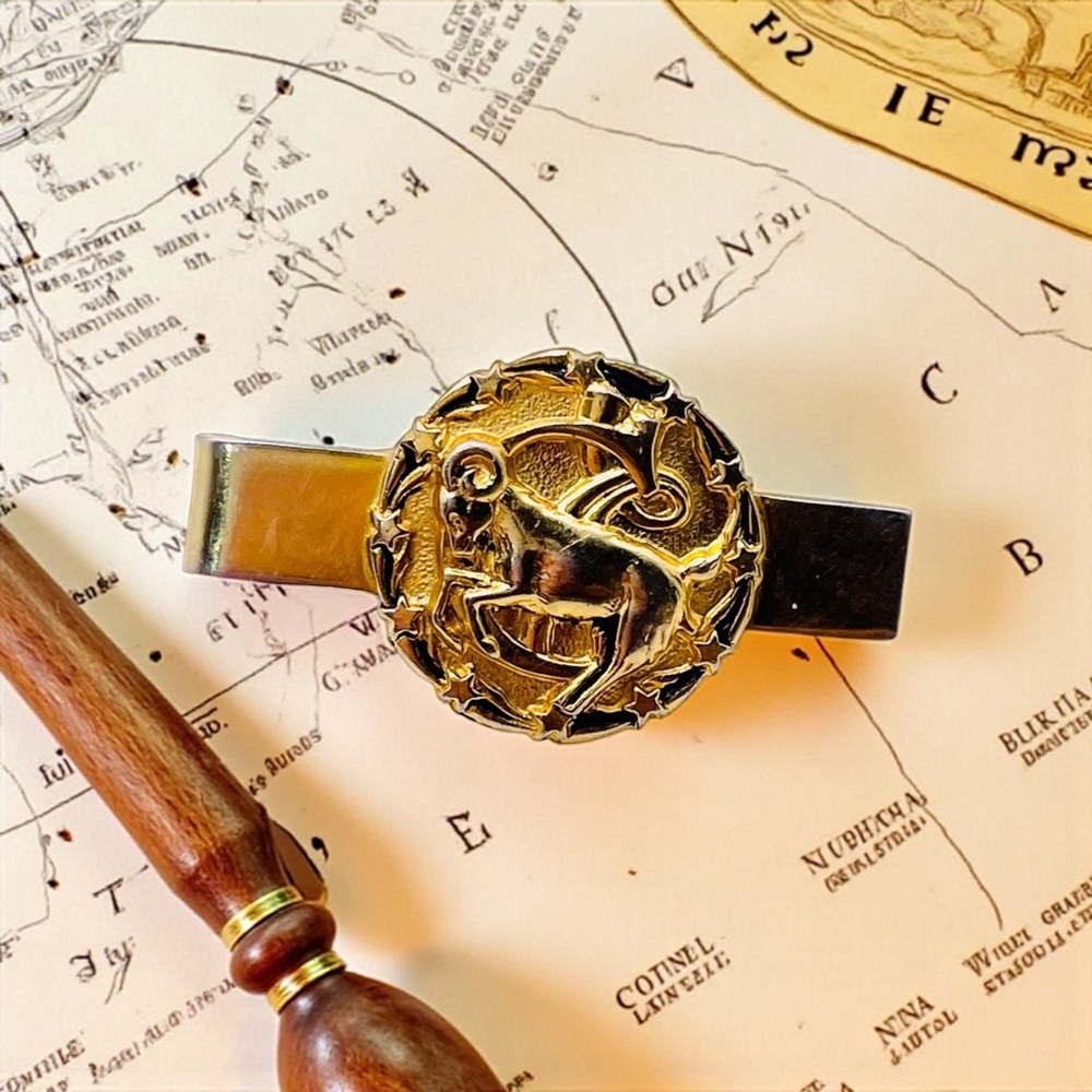 Retro Vintage Gold Tone Zodiac Sign Aries Ram Tie Clip